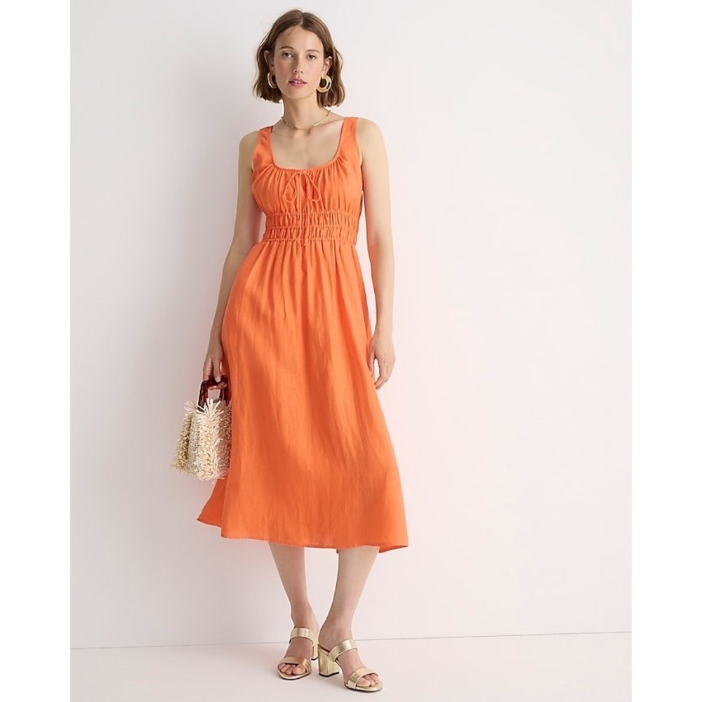 J. Crew Women 100% Linen Milkmaid Dress Small Orange Smocked Whimsy Resort